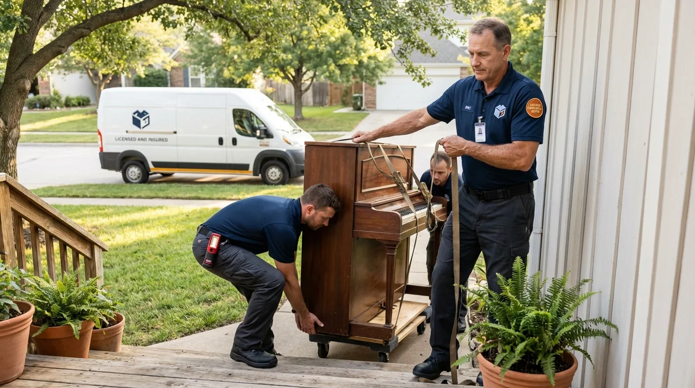Licensed piano movers securing grand piano in Blanco, TX