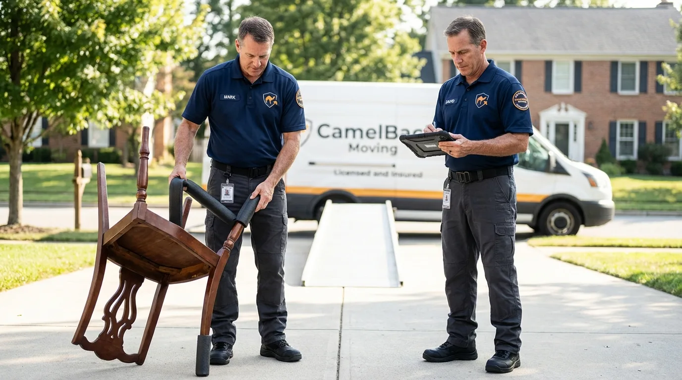 Movers inspecting furniture for damage prevention before loading in Blanco, TX