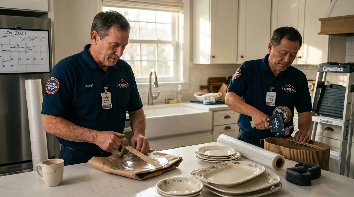 Professional crew packing kitchen dishware in Blanco, TX